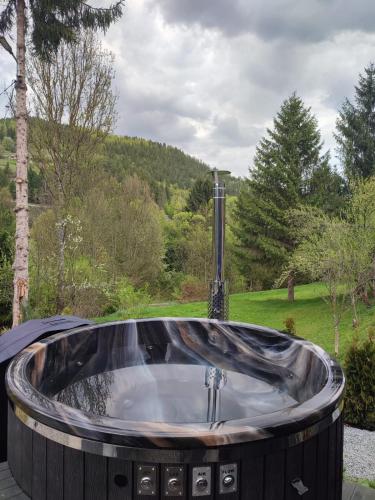 a jacuzzi tub in a garden with a view at Cabana Sofia in Burzeşti