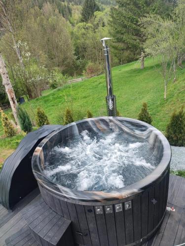 a hot tub with a water fountain on a deck at Cabana Sofia in Burzeşti