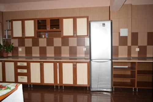a stainless steel refrigerator in a kitchen at Pensiunea Puiu in Moieciu de Sus