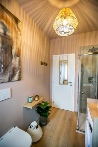 a bathroom with a toilet and a chandelier at 10FLOOR Private Parking in Como