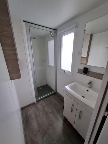 une salle de bain avec un lavabo et un miroir dans l'établissement Mobil-Home VO42 Camping La Carabasse VIAS-Plage, à Vias