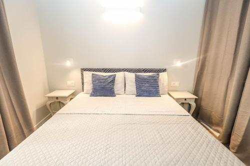 une chambre avec un grand lit avec des oreillers bleus dans l'établissement Elegant & charming 2-room blue, à Grasse
