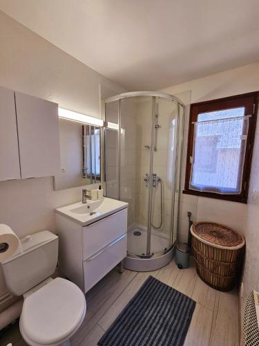 une salle de bain avec une douche, des toilettes et un lavabo dans l'établissement Cottage Family, à Blonville-sur-Mer