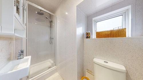 a white bathroom with a toilet and a sink at 1 Bed Flat Swansea -free parking in Clydach