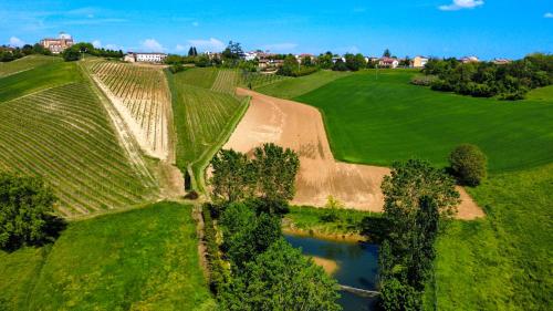 an aerial view of a field with a river at Agriturismo Le Tre Rose - Cantina Zanello in Rosignano Monferrato