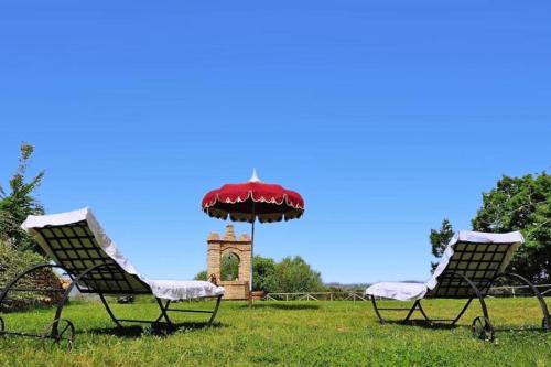 two chairs and an umbrella in a field with a clock tower at Podere del Botruccio in Pomarance
