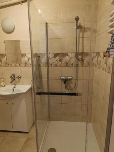a shower with a glass door next to a sink at Miętowa Przystań in Mielno