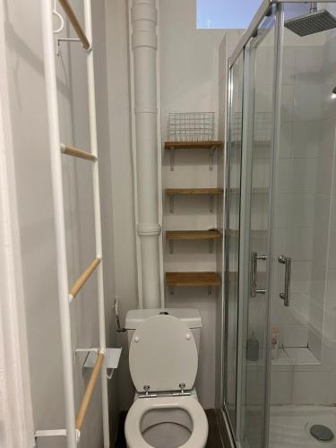 une salle de bain avec toilettes et douche en verre dans l'établissement Luxury Suite Saint-Germain - Notre-Dame, à Paris