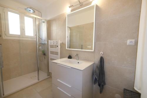 une salle de bain avec un lavabo, une douche et un miroir dans l'établissement Three bedrooms apartment in Aix en Pce, à Aix-en-Provence