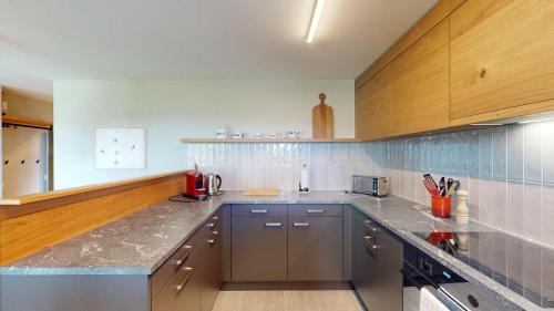 a kitchen with stainless steel appliances and wooden cabinets at Setaria für 5 Personen Haus Barlangia-Lenzerheide in Valbella