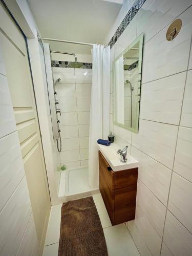 une salle de bain blanche avec un lavabo et une douche dans l'établissement Lovely Riviera Apartment, à Nice