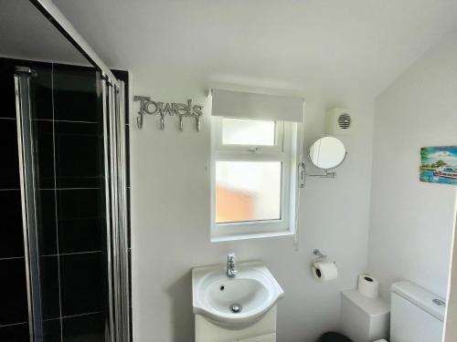 a bathroom with a sink and a toilet and a window at The Moorings in Wroxham