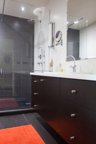 une salle de bain avec un lavabo et une douche en verre dans l'établissement Biarritz center Appartment, Beach & Golf Walking Tour, à Biarritz