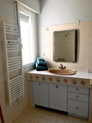 une salle de bain avec un lavabo et un miroir dans l'établissement Villa Eléno, au cœur de la région des lacs du Jura, à Meussia