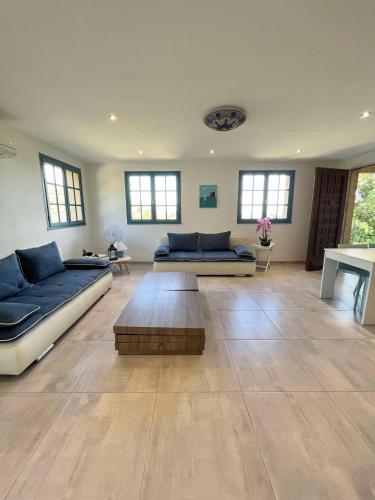 - un grand salon avec deux canapés et une table dans l'établissement Bel appartement proche du centre ville, à Santa-Reparata-di-Balagna