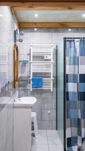 a bathroom with a sink and a shower at Agroturystyka Nielisz Zamość - Kwatery przy Skansenie in Nielisz