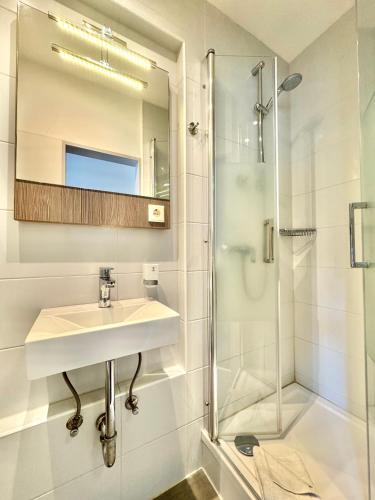 a bathroom with a sink and a shower at AR Boutique Hotel Heusenstamm in Heusenstamm