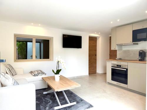 un salon avec un canapé et une table dans l'établissement Appartment Jacuzzi in Cannes, à Cannes