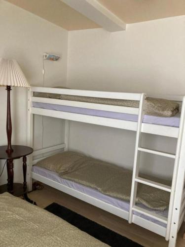 two bunk beds in a room with a lamp at Bed and Breakfast Filskov in Filskov