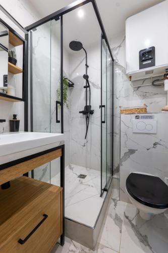une salle de bain avec une douche avec des toilettes et un lavabo dans l'établissement Heart of Montmartre Air conditioned apartment, à Paris