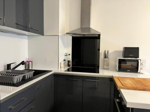 La cuisine est équipée d'un évier noir et d'un four micro-ondes. dans l'établissement T2 avec jardinet à Aucamville, TOULOUSE, à Toulouse