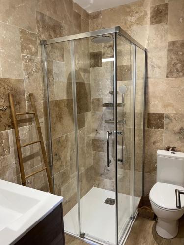 une salle de bain avec une douche avec des toilettes et un lavabo dans l'établissement Appartement T2 Porticcio, à Porticcio