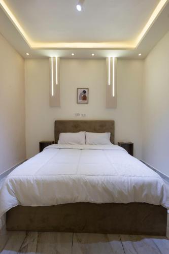 a bedroom with a large bed with white sheets at Alex Rooms in Alexandria