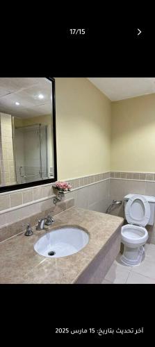 a bathroom with a sink and a toilet at Eleganza Marina Apartments KAEC in King Abdullah Economic City