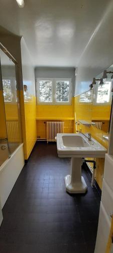 La salle de bains est pourvue de murs jaunes et d'un lavabo blanc. dans l'établissement Grande maison de campagne 4 chambres doubles jardin, à Vatan