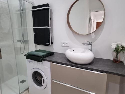 une salle de bain avec un lavabo et une machine à laver dans l'établissement Tanit - Proche centre et plages - piscine, à Antibes