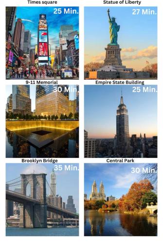 a collage of cities with the statue of liberty at The Mirage Stay 3 Bedroom Apt 20 Min to NYC in West New York