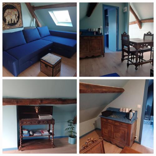 Quatre photos d'un salon avec un canapé et une table dans l'établissement Le mouton à bicyclette, à Lanchères