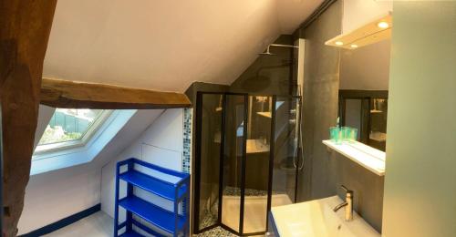 une salle de bain avec une douche en verre et un lavabo dans l'établissement Le mouton à bicyclette, à Lanchères