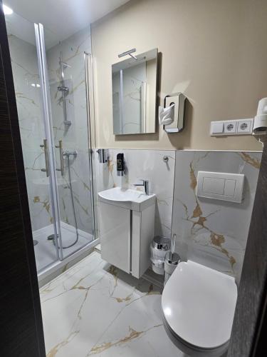 a bathroom with a sink and a shower and a toilet at Hotel City Faber in Worms