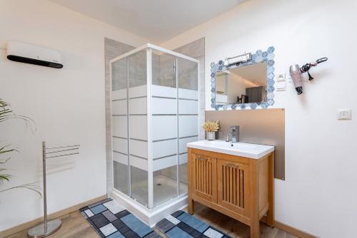 un bagno con doccia, lavandino e specchio di Maison Charmante Au Coeur De Canet a Canet-en-Roussillon