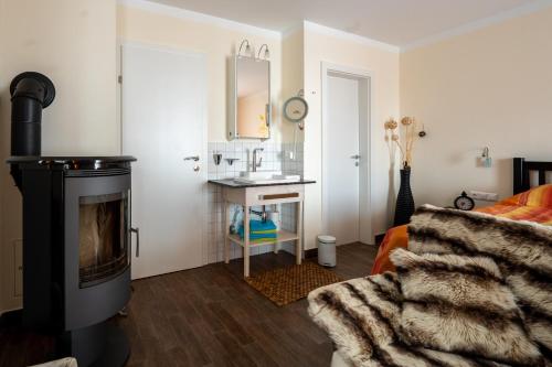 a living room with a fireplace and a sink at Almchalet Sonne in Emberg