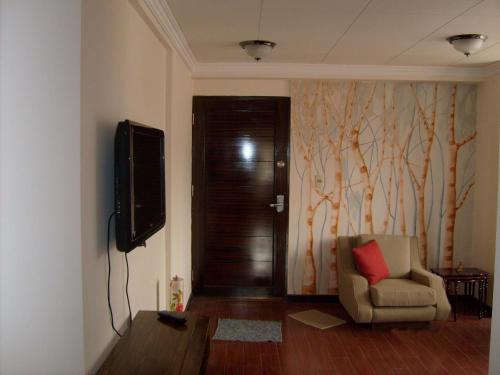 sala de estar con TV y silla en A Place in the Sky - c23 Calacoto, en La Paz