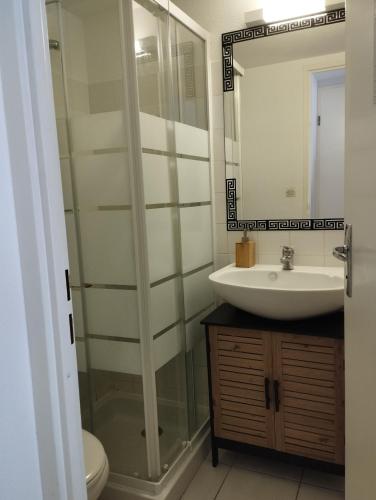 une salle de bain avec une douche en verre et un lavabo dans l'établissement Villa Beau Soleil, à Narbonne-Plage