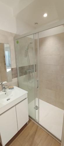 une salle de bain avec douche et lavabo dans l'établissement Maison duplex Bisca avec jardin, à Biscarrosse
