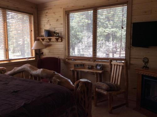 a bedroom with a bed and a fireplace and windows at Elktrace Bed and Breakfast in Pagosa Springs