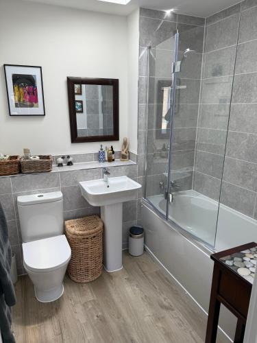 a bathroom with a toilet and a sink and a shower at The Coach House in Cirencester
