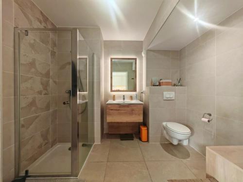 une salle de bain avec une douche, des toilettes et un lavabo dans l'établissement BEL AIR Rooftop Pool SeaView, à Villeneuve-Loubet