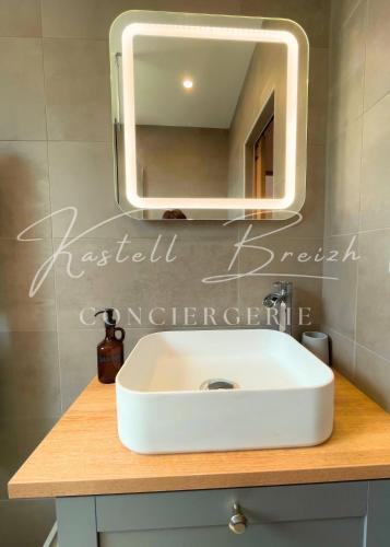 a bathroom with a white sink and a mirror at La maison de Maïe Bail in Ploumagoar