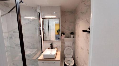 Un baño con lavabo, inodoro y espejo. en Beau F3 Proche Paris & Orly, 6 pers - Parking - Metro 14 & RER C, en Thiais