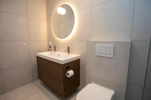 a bathroom with a sink and a toilet and a mirror at Skýjaborg Apartments in Höfn