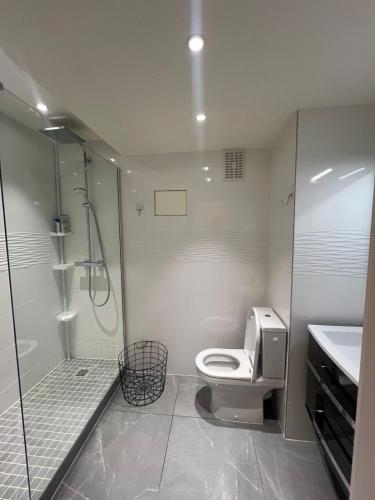 une salle de bain avec une douche, des toilettes et un lavabo dans l'établissement Luxury Suite Victor Hugo - Champs-Élysée, à Paris