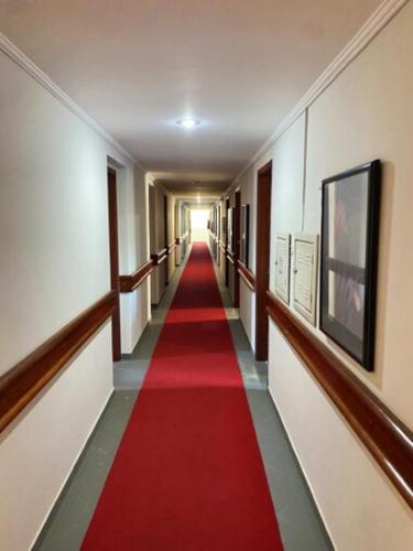 a long hallway with a red carpet in a building at Villas Boas Hotel in Campinas