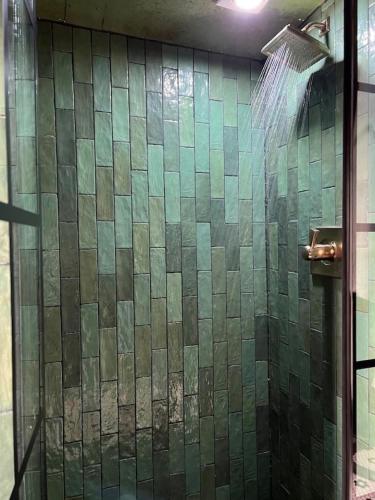 a shower with a green tiled wall in a bathroom at Midnight Train to Marfa 1948 Caboose in Marfa