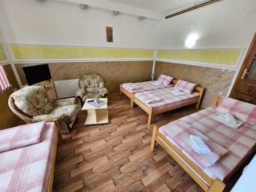 a room with two beds and a couch and a table at Apartments Nikolić in Soko Banja