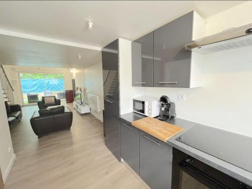 une cuisine et un salon avec un canapé dans l'établissement Duplex Tanay, à Annecy